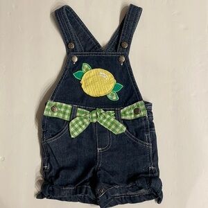 Baby girl 12 M shortalls sequins lemon appliqué / attached green check tie belt